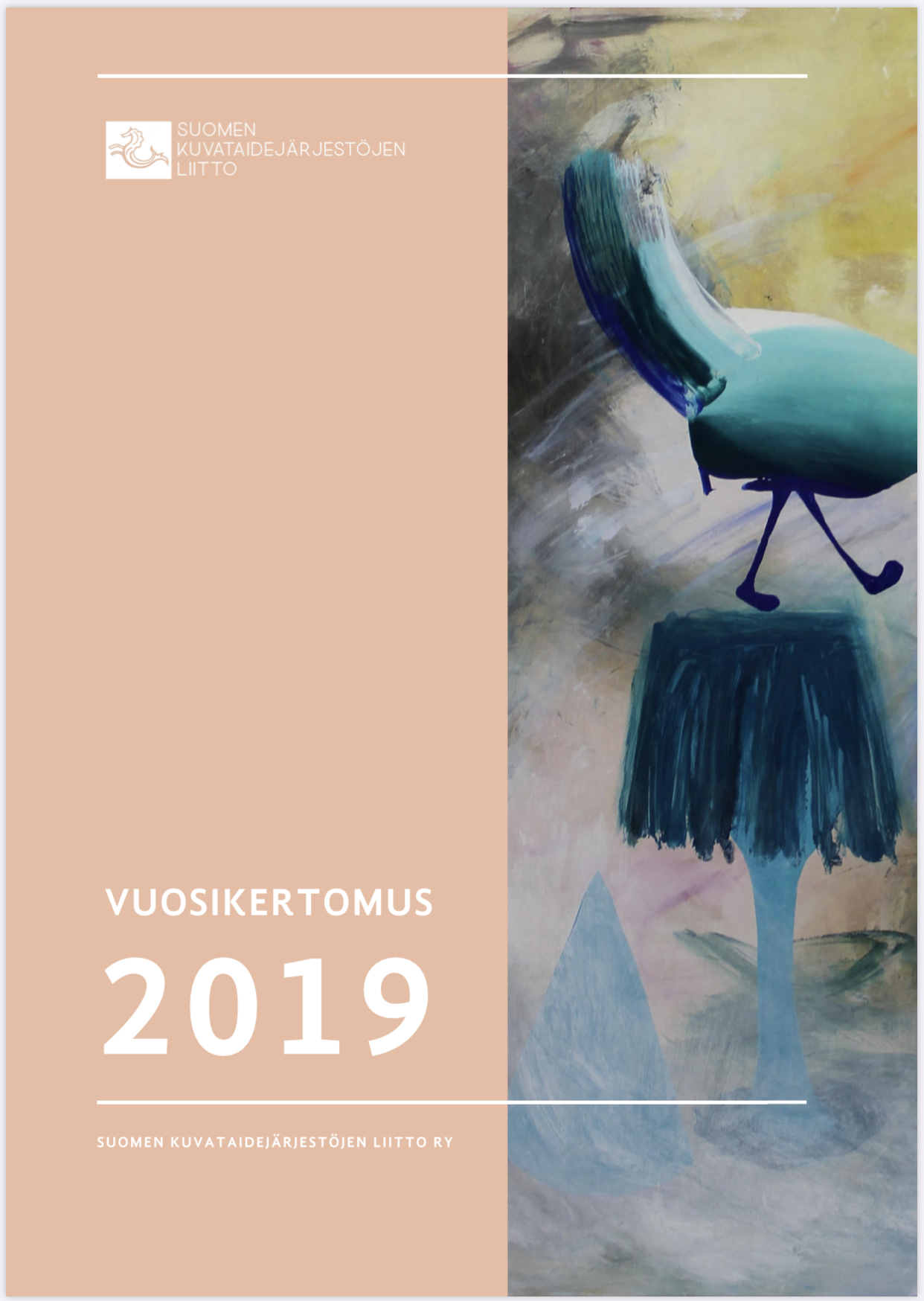 Liiton vuosikertomuksen kannessa komeilee yksityiskohta Inka Hannulan & Eve Alasaarelan "Jump or not to jump"-teoksesta, Galleria SEINÄ:n näyttely heinäkuussa 2019.